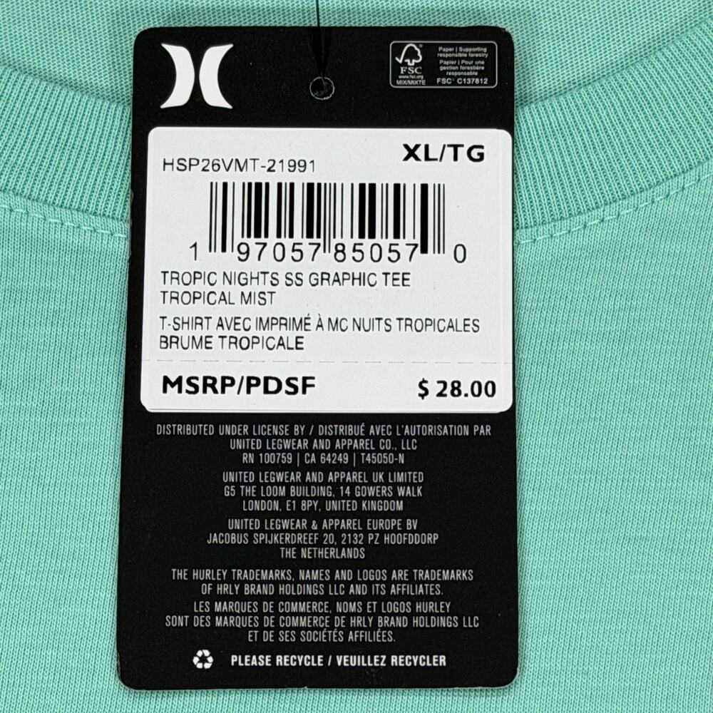 Hurley Mens T-Shirt XL Tropic Nights Graphic Tee Light Aqua Green Hawaiian NWT - Picture 7 of 10